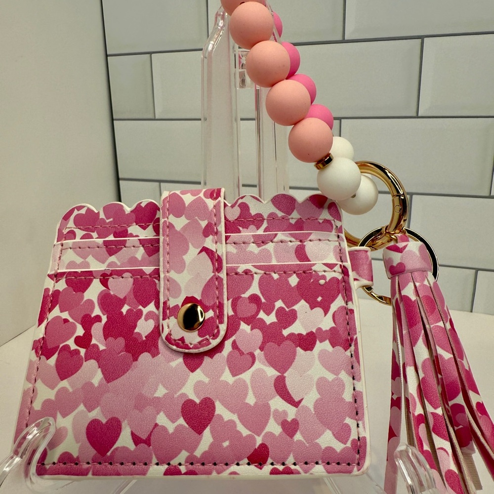 Pink Heart Pattern Card Holder with Beaded Strap